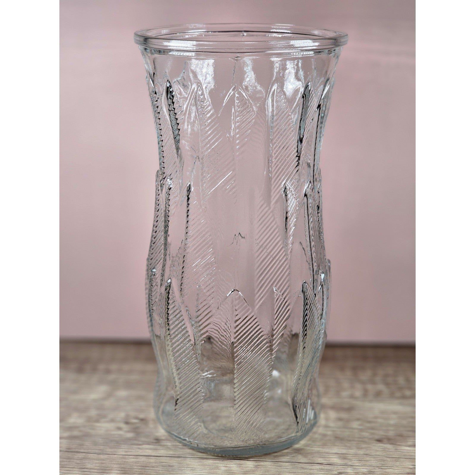 Vintage Brody Clear Glass Vase 9.5 Inch Mid Century Feather Leaf Design