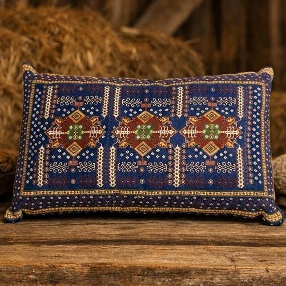 Vintage Turkish Carpet Pillow 9x6 Embroidered Silk Accent Cushion