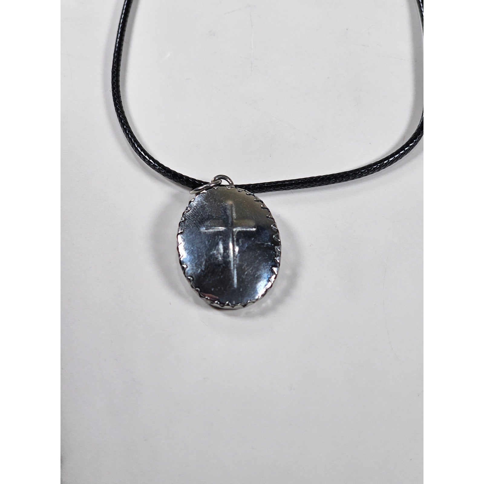 Vintage Madonna Pendant Necklace Blue Enamel Oval Cross Back