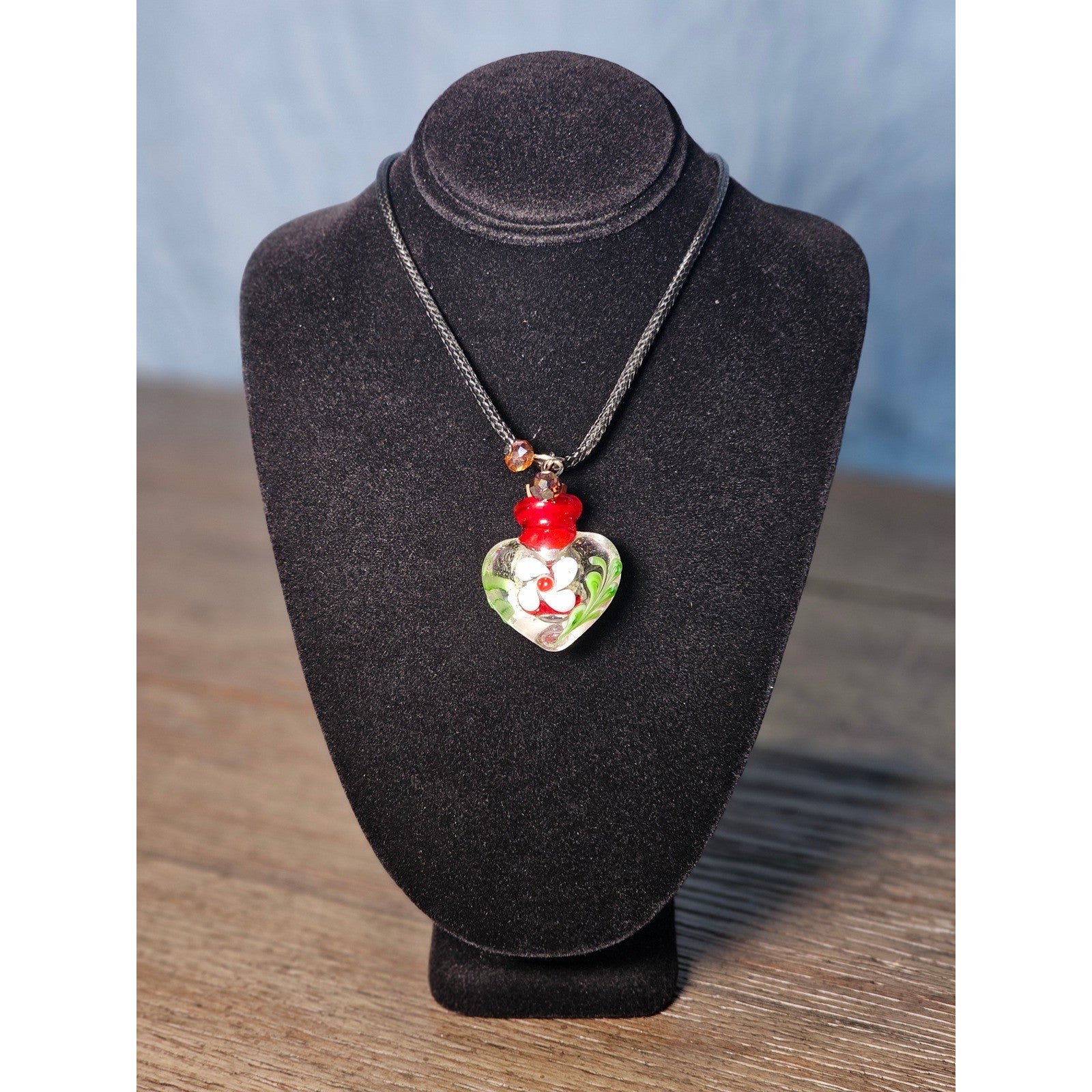 Vintage Handblown Glass Heart Bottle Pendant Necklace with Cork Stopper