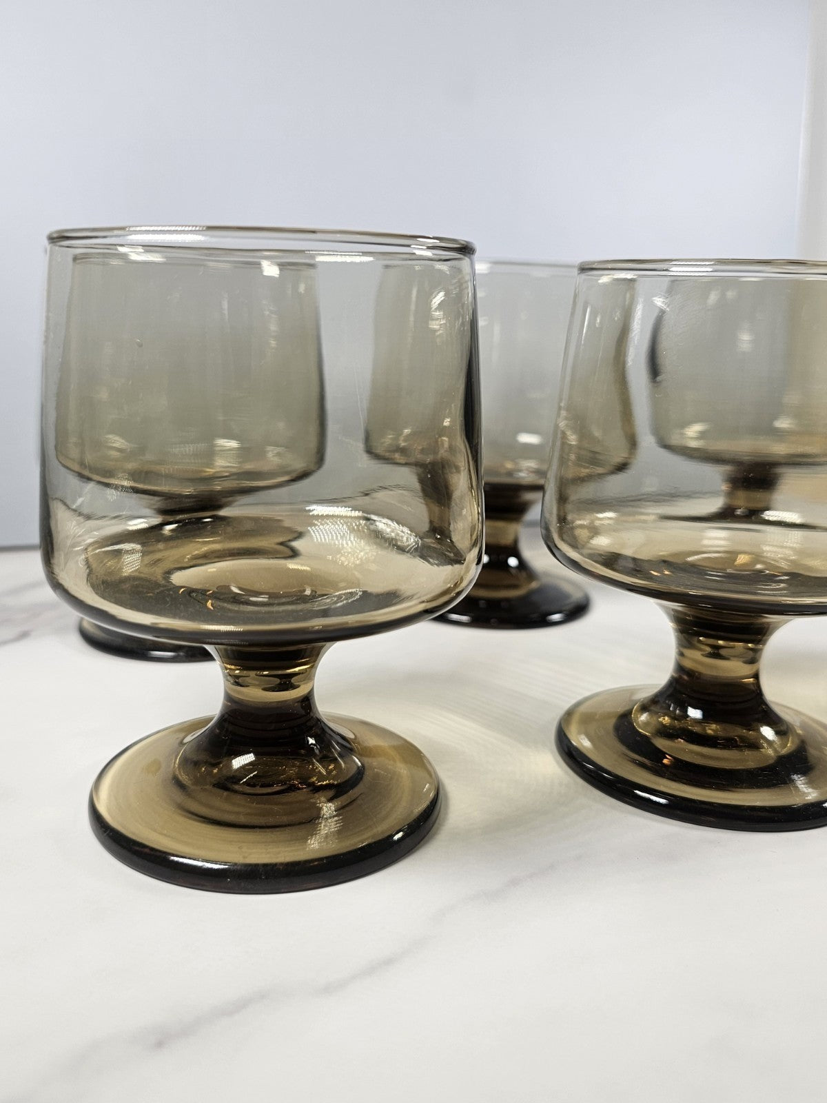 Set Of 6 Mid Century Modern Smokey Glass Footed Cocktail Whiskey Wine Goblets