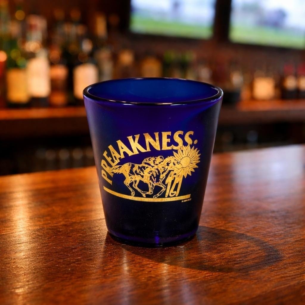Preakness Stakes Shot Glass Blue Horse Racing Barware Souvenir