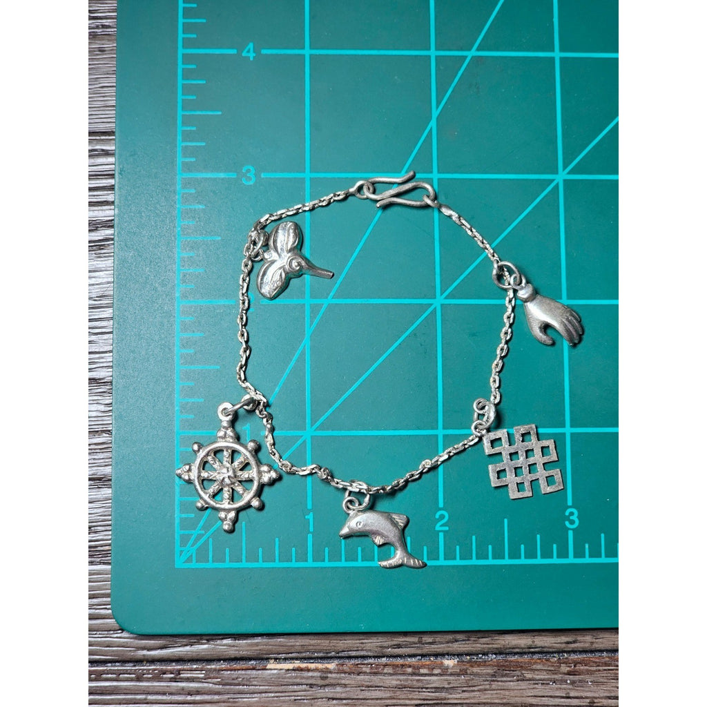 Vintage Silver Charm Bracelet Dolphin Clover Nautical Theme