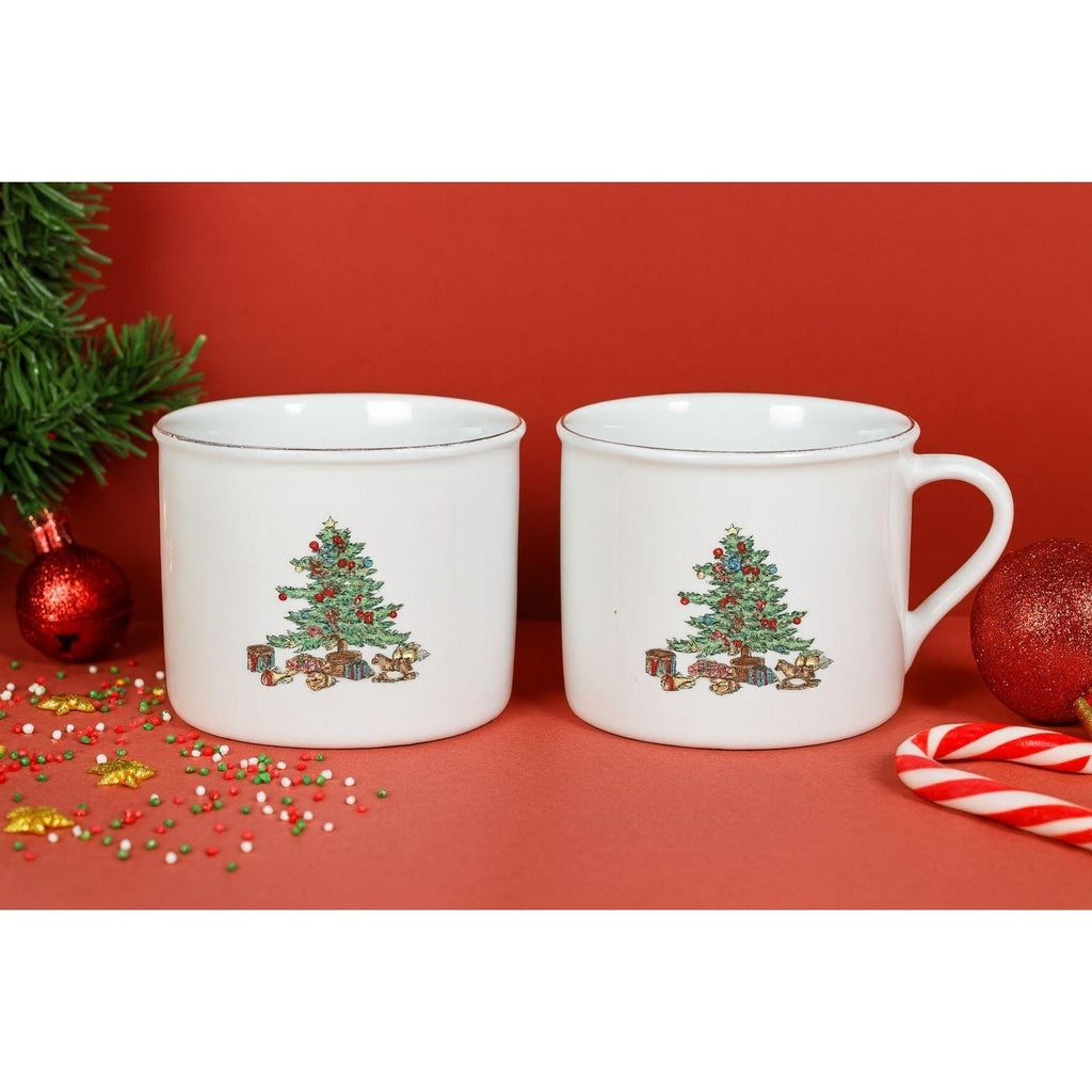 Vintage Tienshan Christmas Tree Mugs Set of 2 Porcelain Holiday Cups