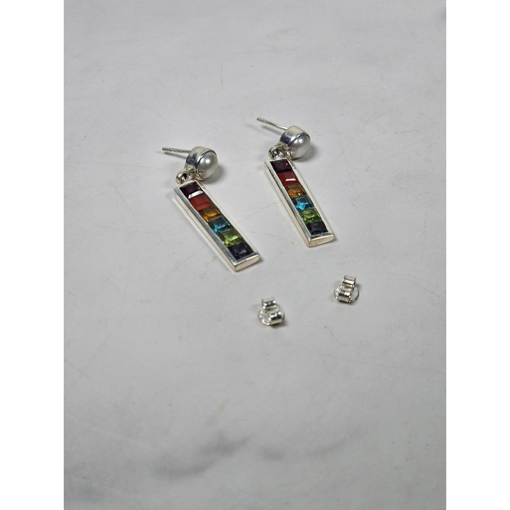 Vintage Rainbow Bar Drop Earrings with Pearl-Style Studs