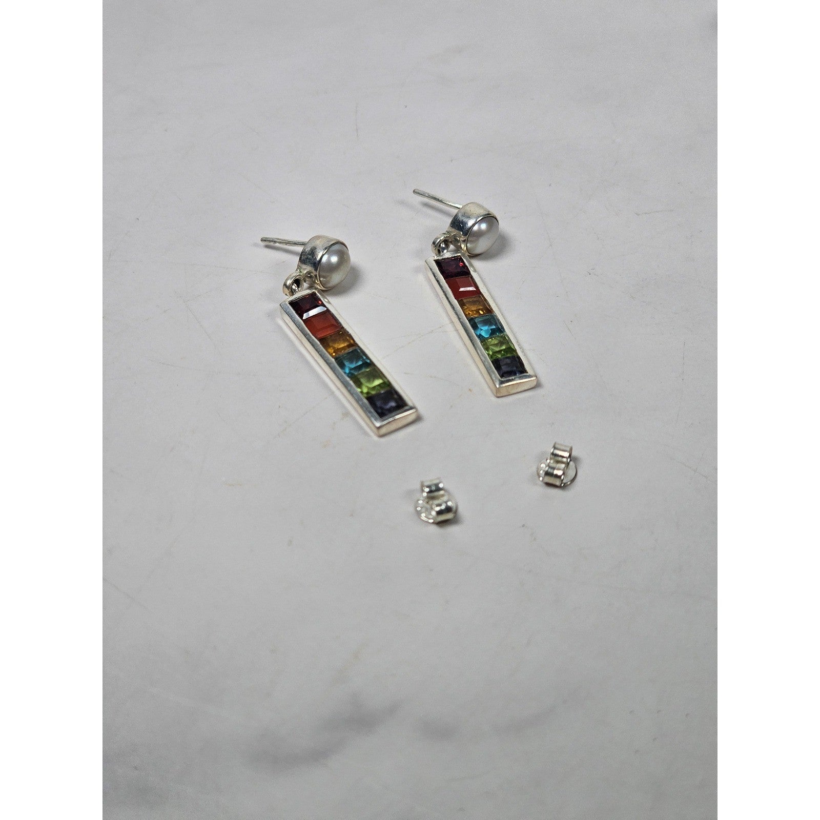 Vintage Rainbow Bar Drop Earrings with Pearl-Style Studs