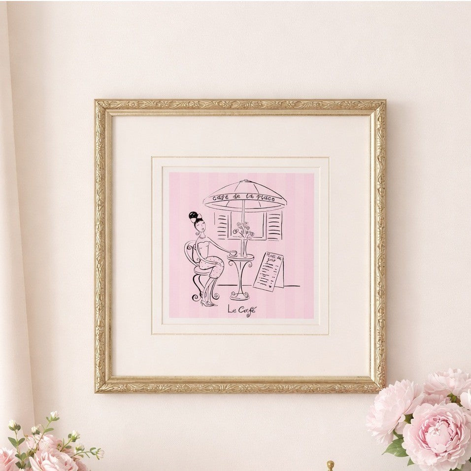 Vintage French Café Framed Art Print Pink Bistro Illustration 13x13
