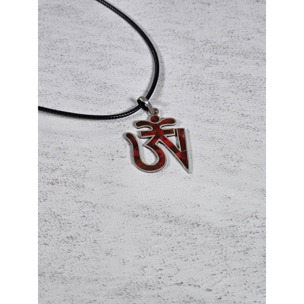 Vintage Sterling Silver Om Pendant Necklace Red Inlay Symbol