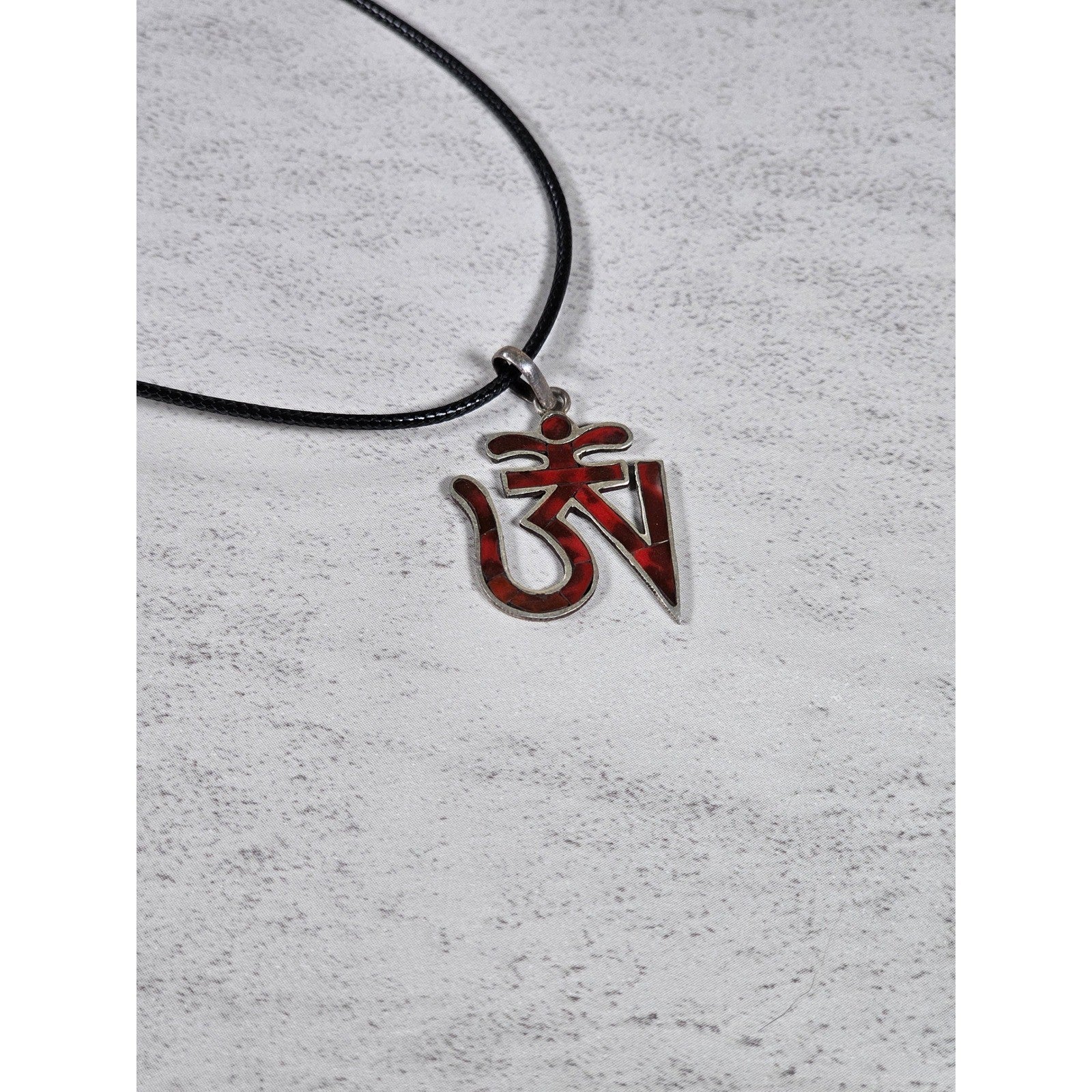 Vintage Sterling Silver Om Pendant Necklace Red Inlay Symbol
