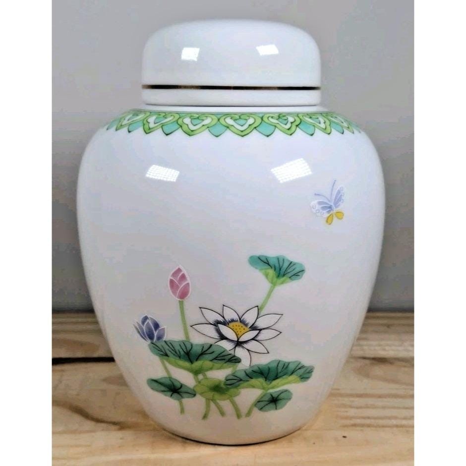 Vintage Otagiri Japanese Floral Ginger Jar Porcelain Lotus Garden Decor 6 Inch