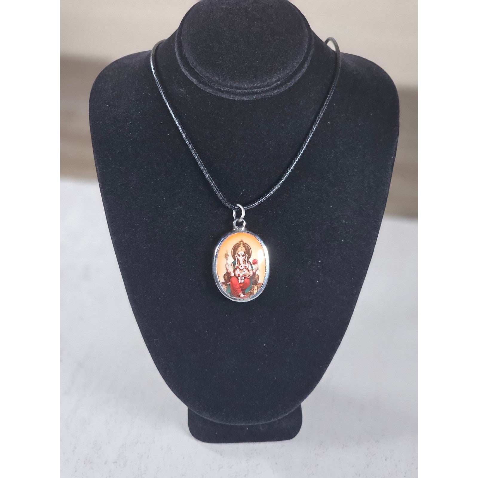 Vintage Ganesha Pendant Necklace Black Cord Oval Cabochon