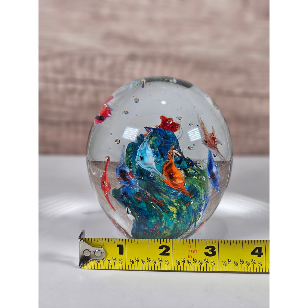 Glass Paperweight Aquatic Scene Fish Swirls Art Hand Blown