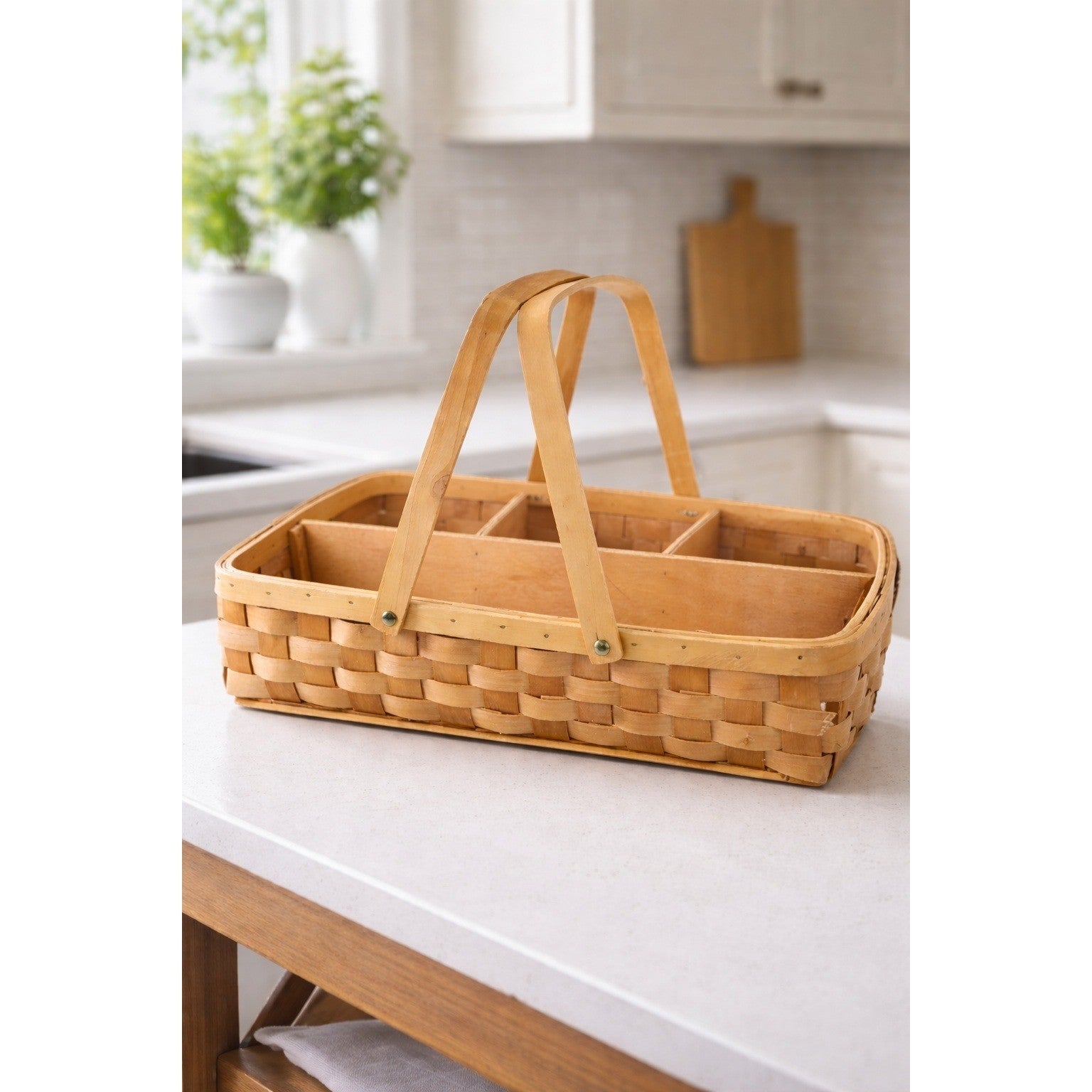 Vintage Wood Splint Divided Basket with Handle, Rustic Farmhouse Organizer