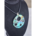 Vintage Abalone Shell Circle Pendant Necklace Silver Tone
