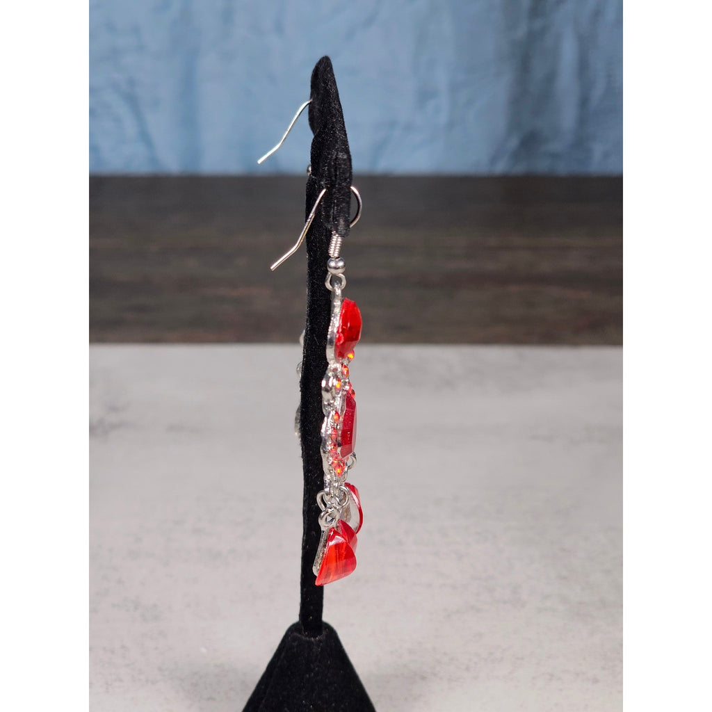 Vintage Red Rhinestone Drop Earrings Silver Tone Dangle Statement Jewelry