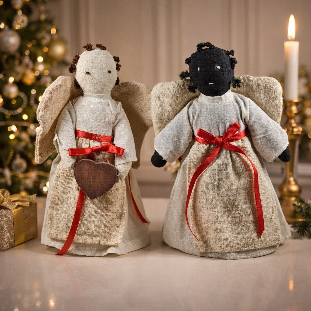 Vintage 1980s Angel Figurines Set of 2 Fabric Face Angels 7.5"