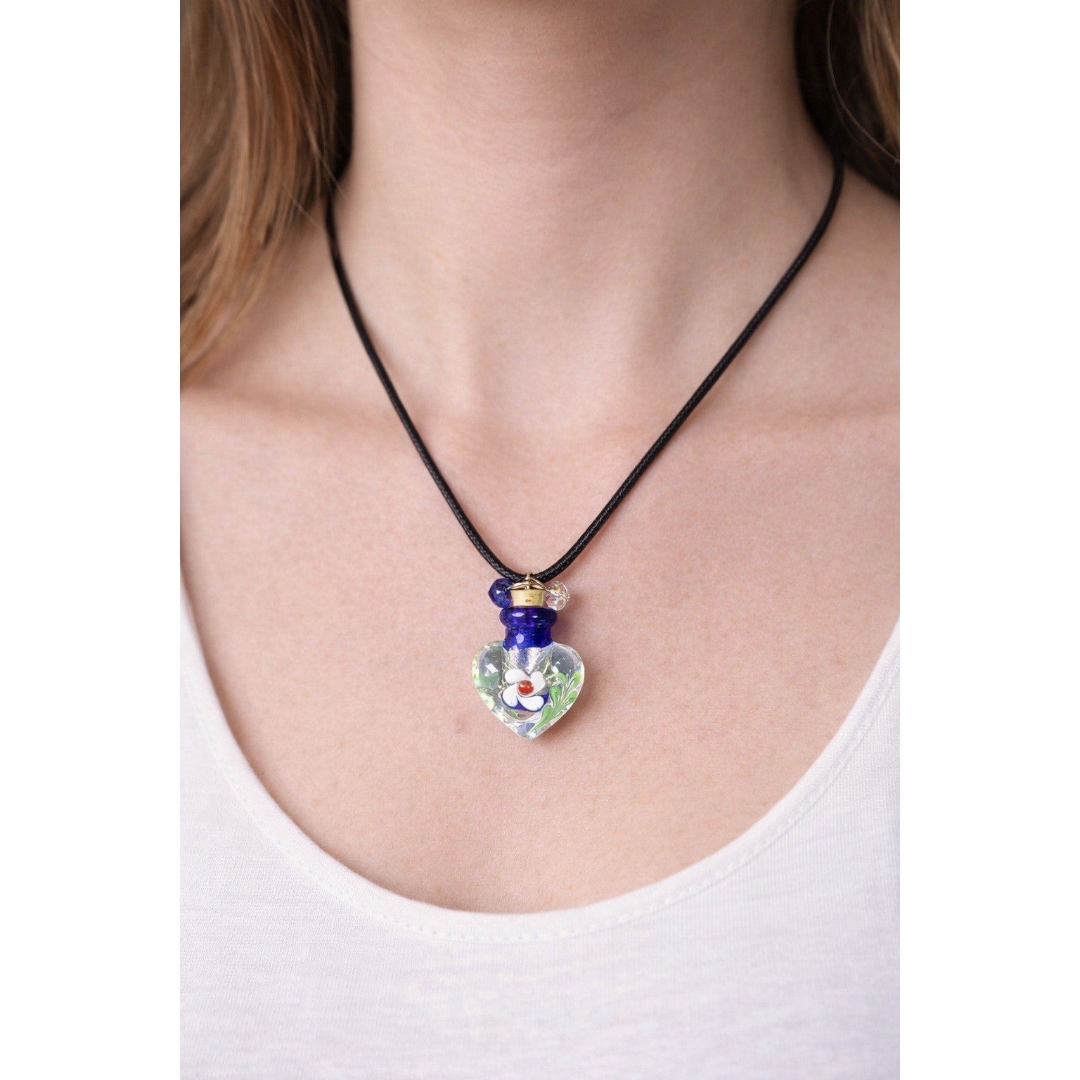 Vintage Glass Heart Bottle Pendant Necklace with Floral Design