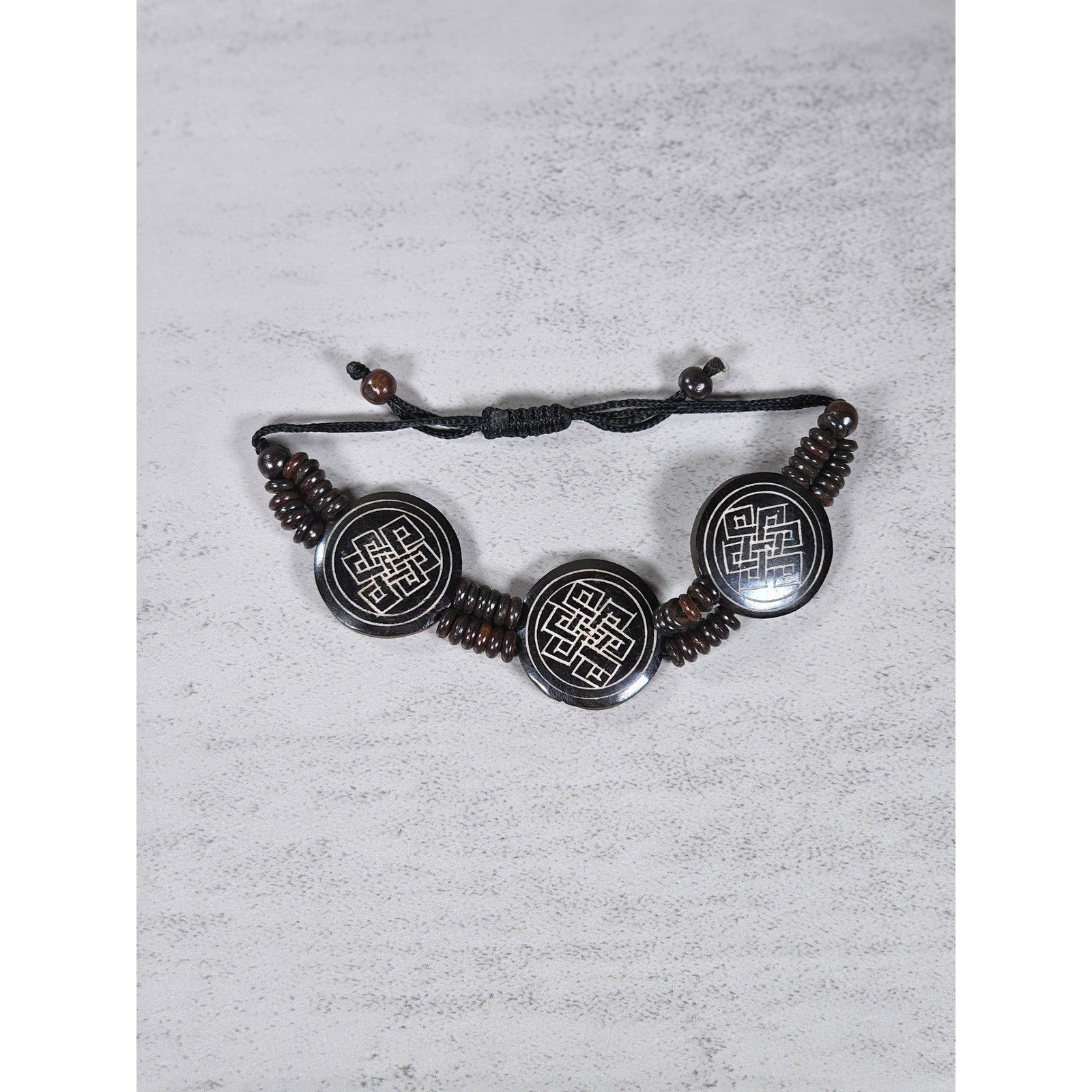 Vintage Carved Wood Symbol Bracelet Adjustable Cord Beaded