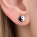 Vintage Yin Yang Stud Earrings Black White Enamel Round Posts
