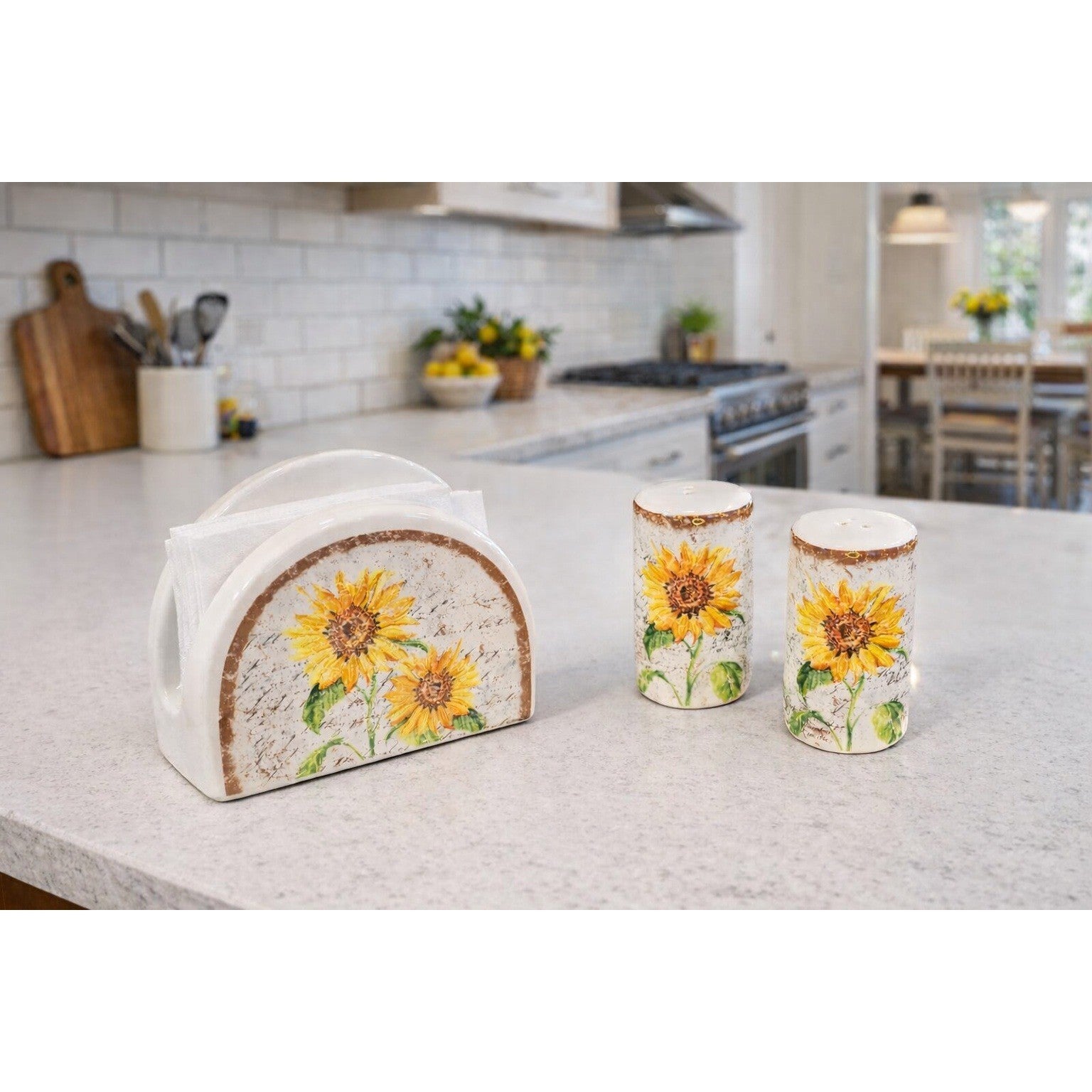 Vintage Sunflower Salt & Pepper Shakers with Matching Napkin Holder Set