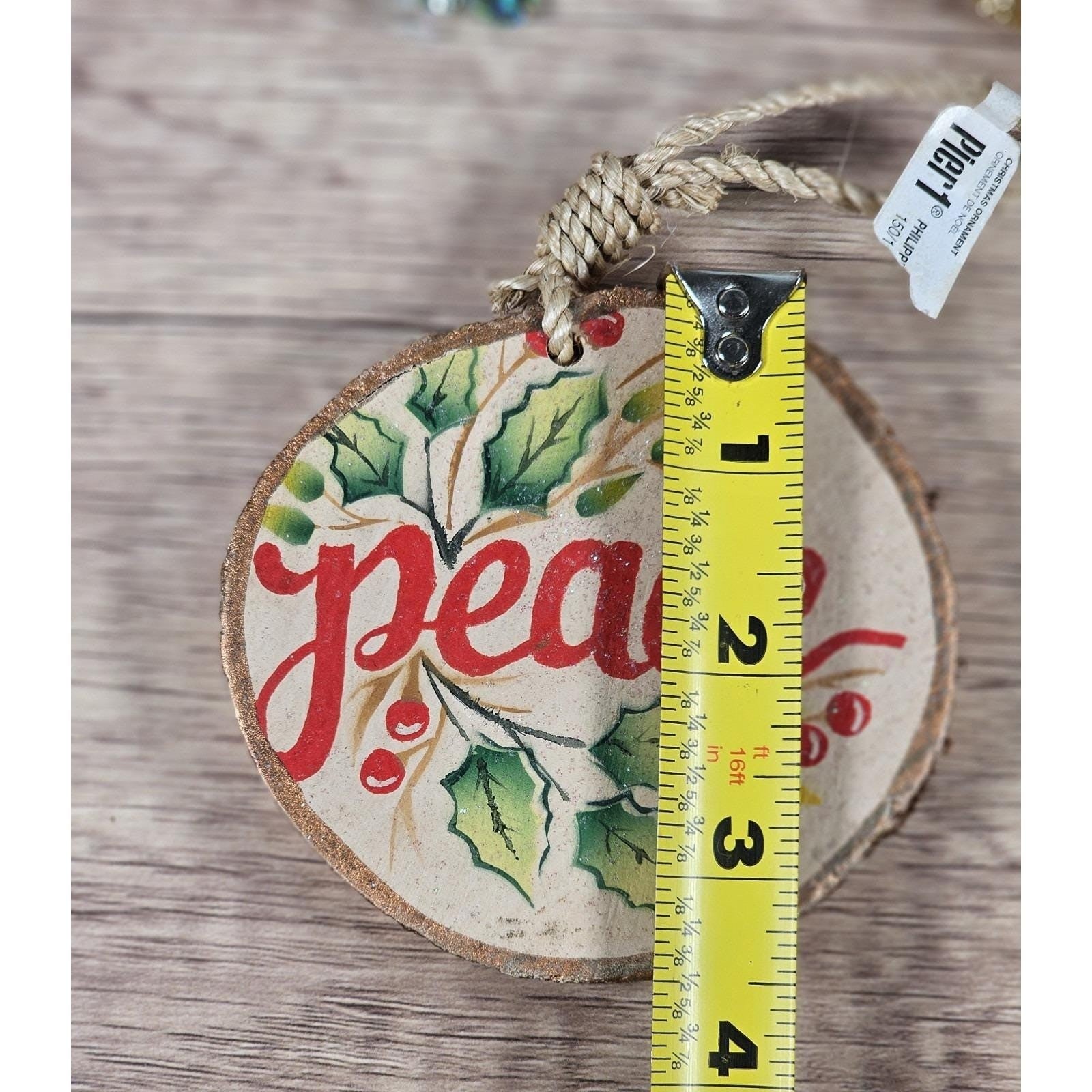 Rustic Wood Slice Ornament Peace Holly Berries Christmas Decor