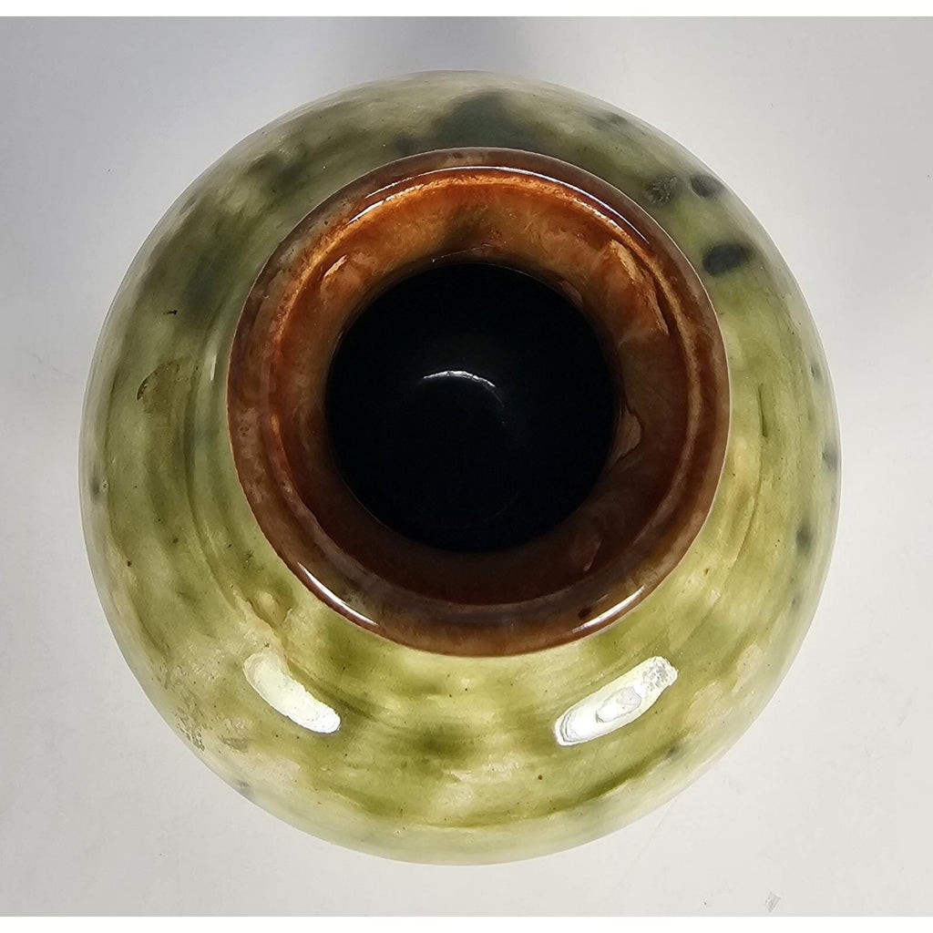 Green & Brown Drip-Glaze Pottery Vase • 5″ x 4.5″ Rustic Earth-Tone