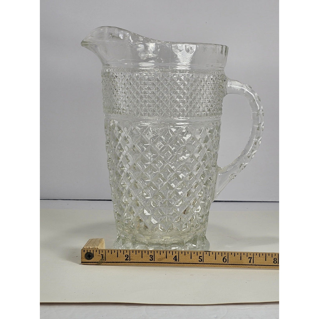 Vintage Heavy Clear Crystal Glass Diamond Pattern Water Pitcher – With Chip