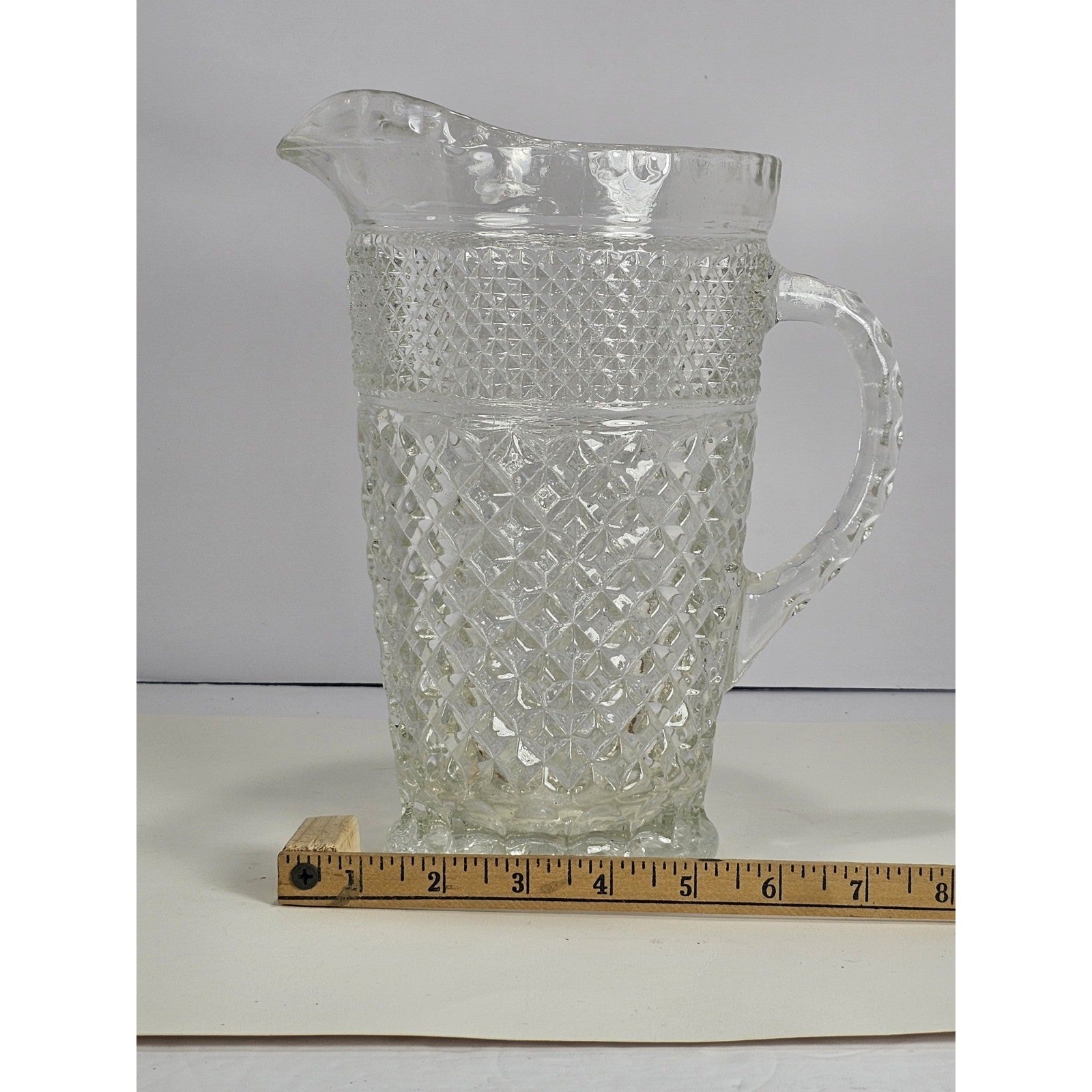 Vintage Heavy Clear Crystal Glass Diamond Pattern Water Pitcher – With Chip