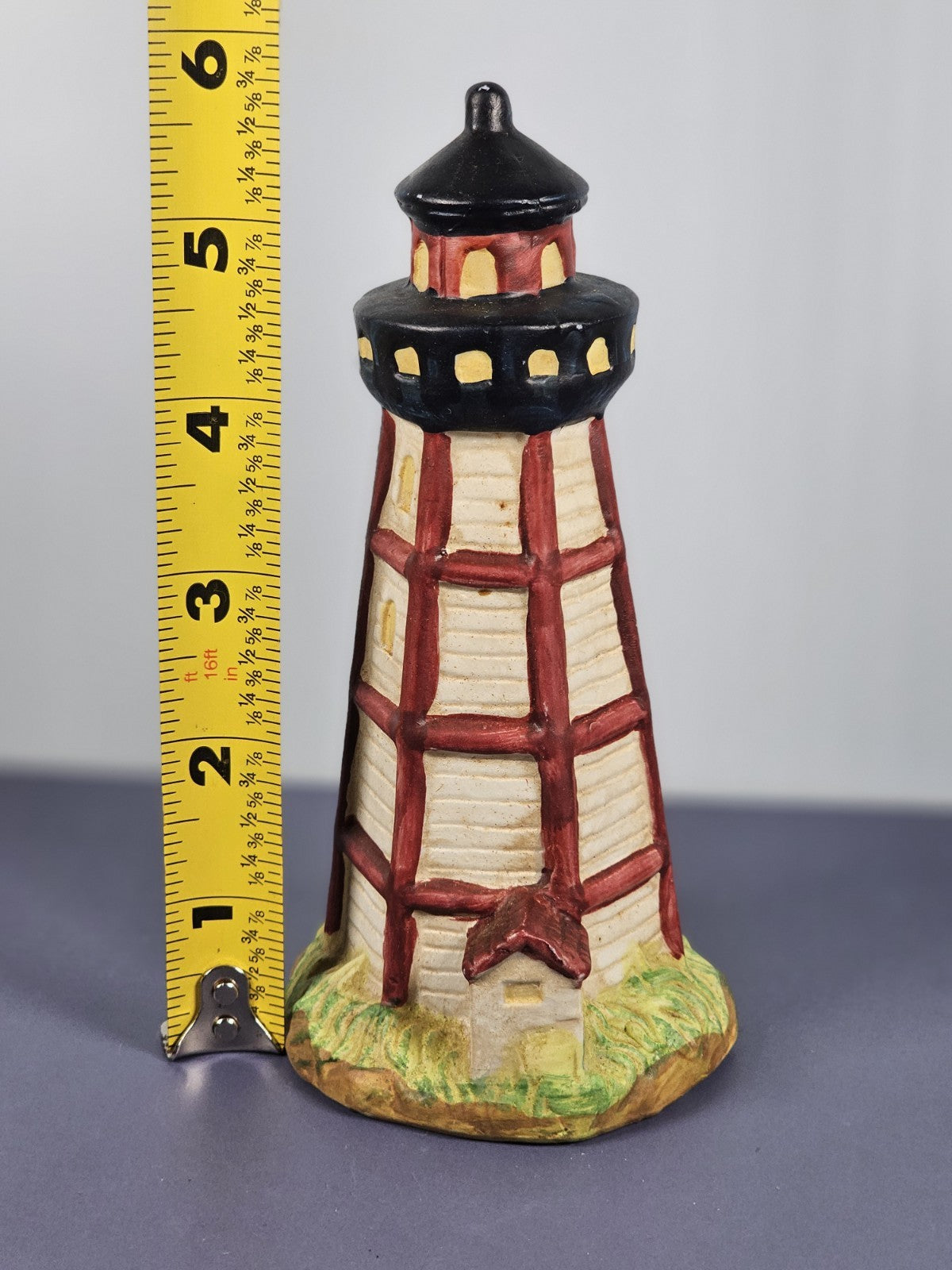 Vintage Ks Collection Beige Wood Design Red Stripe Design Lighthouse 6" Tall C