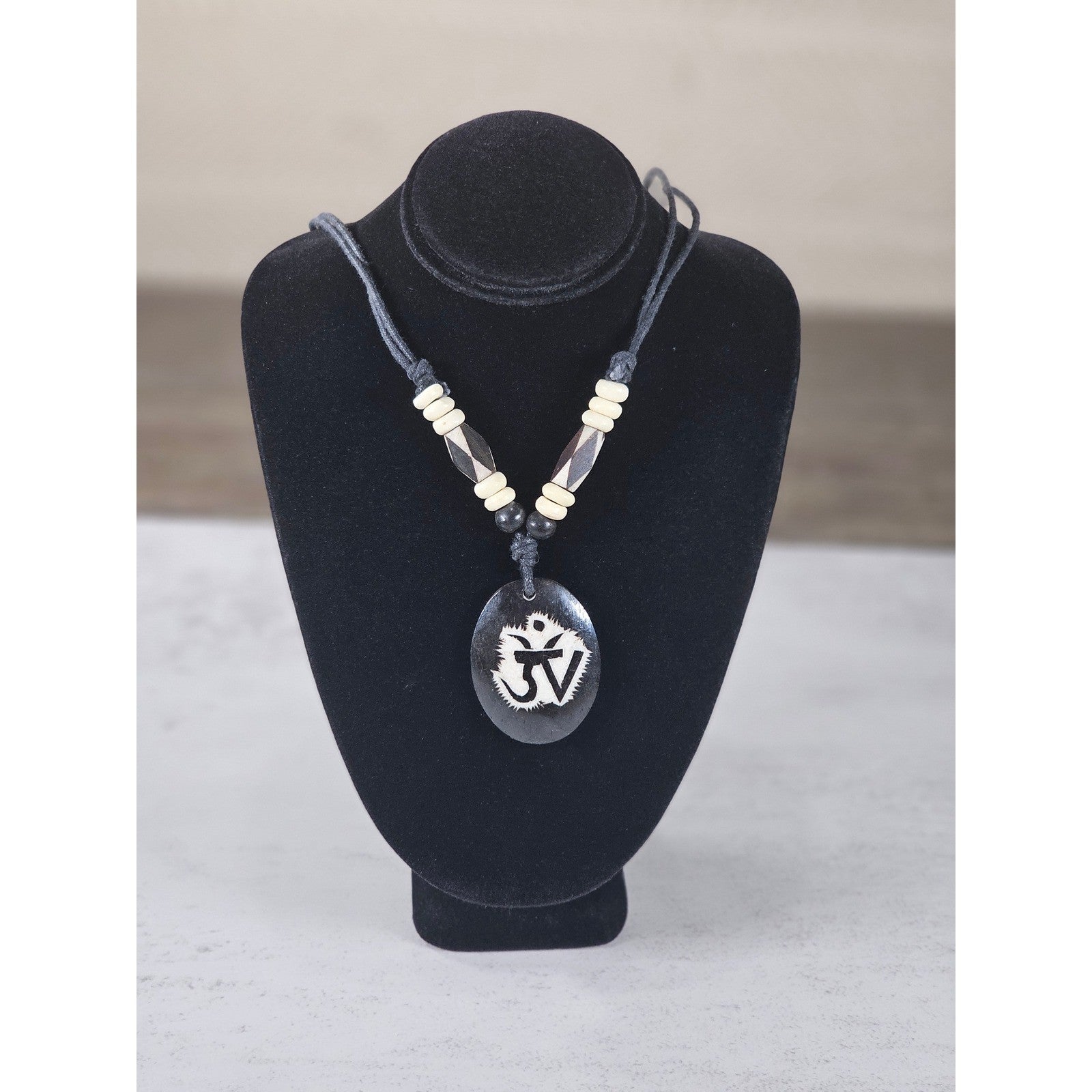 Vintage Hand Carved Pendant Necklace Black Cord Tribal Style