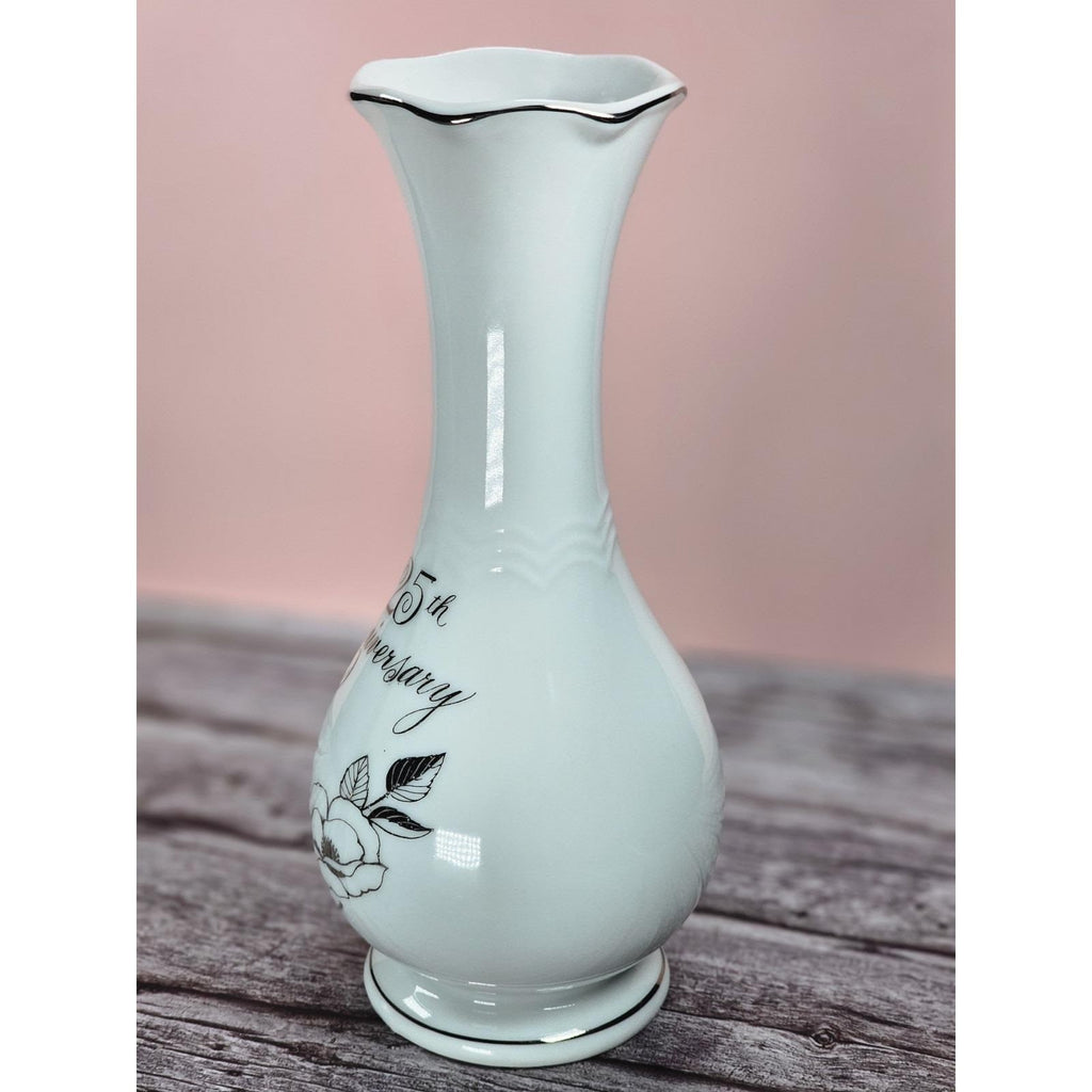 Vintage 25th Anniversary Porcelain Bud Vase with Silver Trim Floral Design