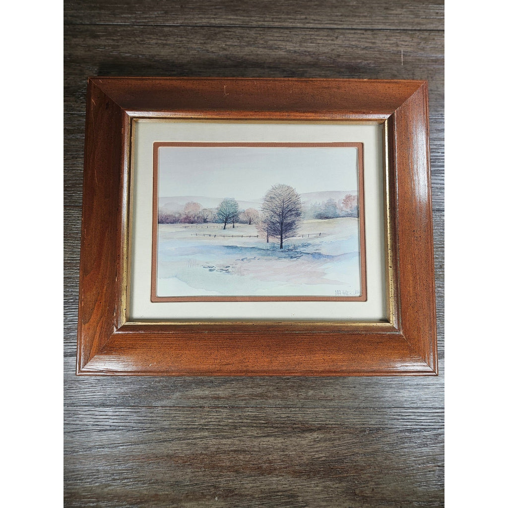 Vintage Framed Winter Landscape Print Signed, Rustic Wood Frame 14x13