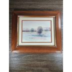 Vintage Framed Winter Landscape Print Signed, Rustic Wood Frame 14x13