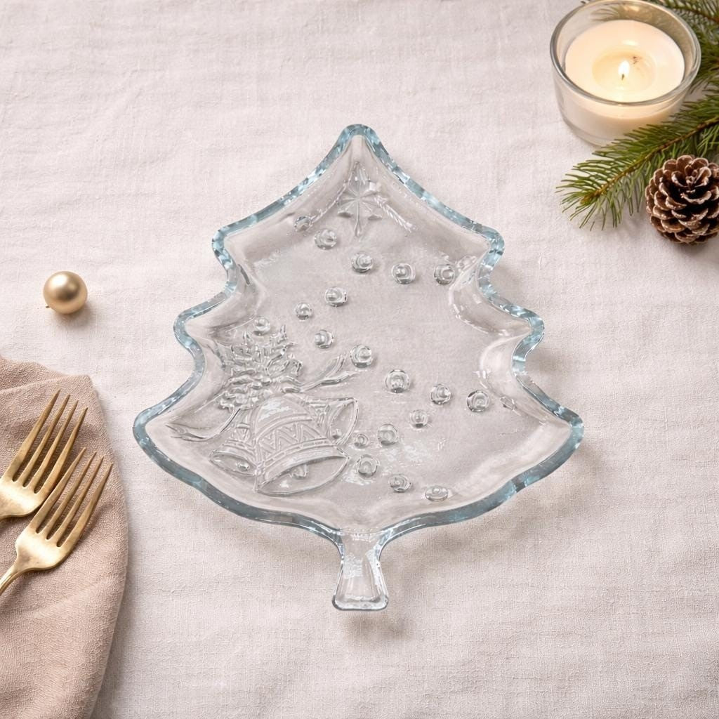 Vintage Pressed Glass Christmas Plate Bells Bows Tree Shape 7.5 Inch