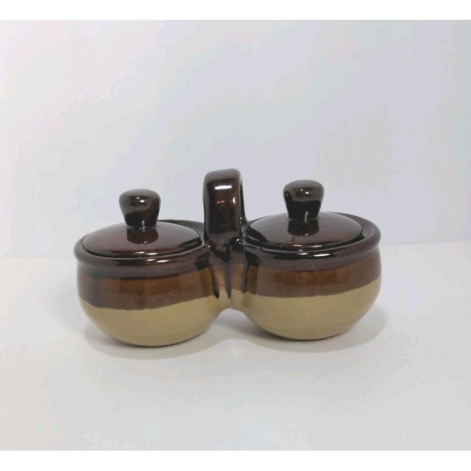Vintage Jam Server Double Pot Brown Ceramic Lidded Condiment