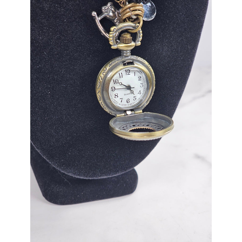 Vintage Pocket Watch Necklace Long Chain Eiffel Tower Charm Quartz
