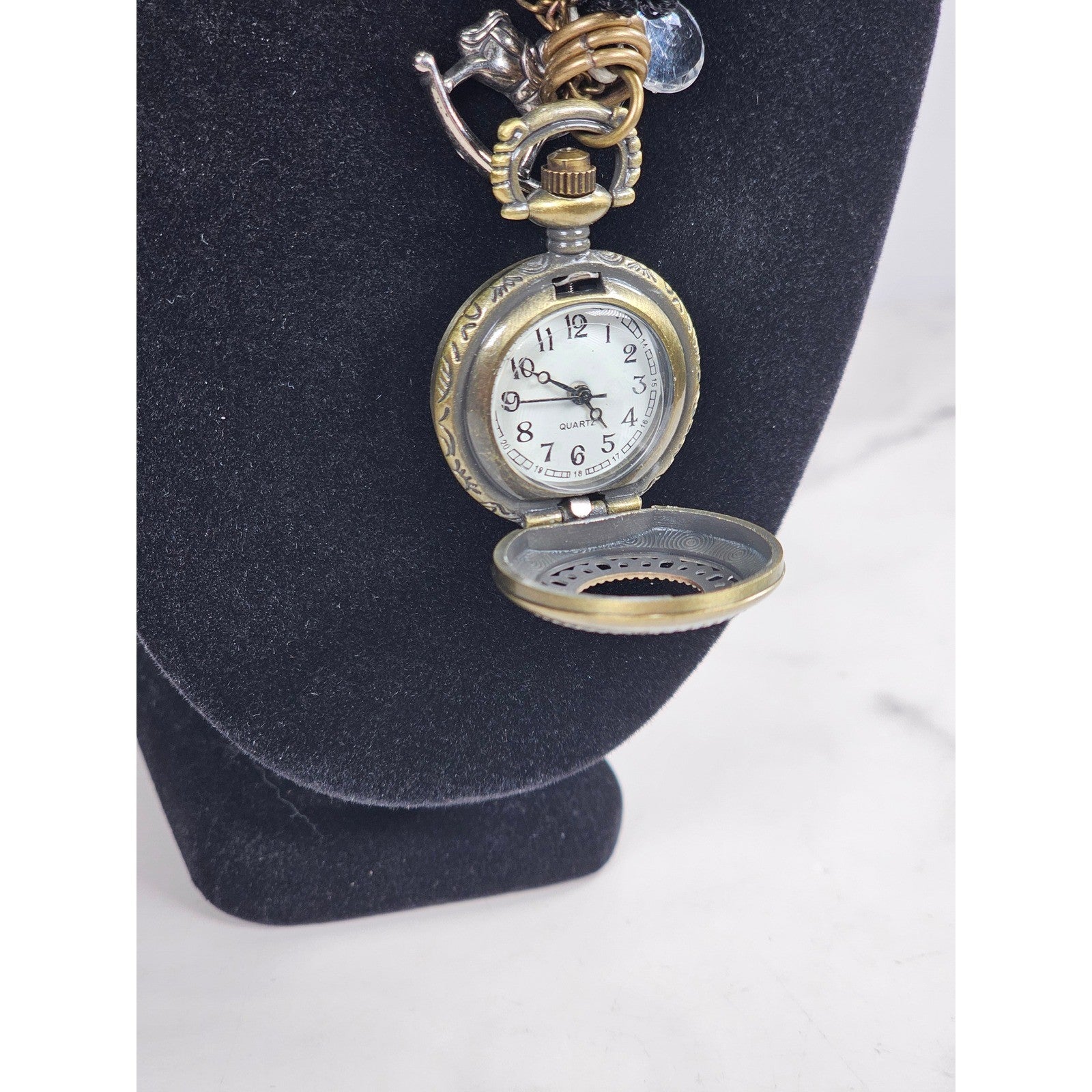 Vintage Pocket Watch Necklace Long Chain Eiffel Tower Charm Quartz