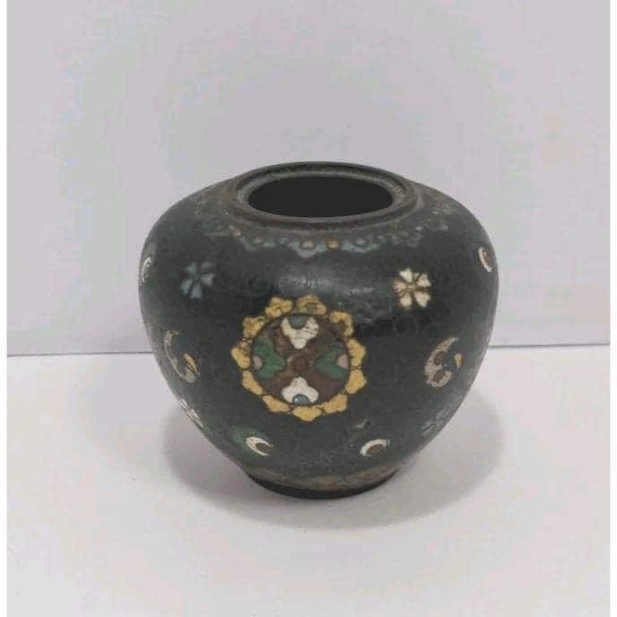 Vintage Cloisonne Mini Vase Black Floral Enamel 2.5" Collectible