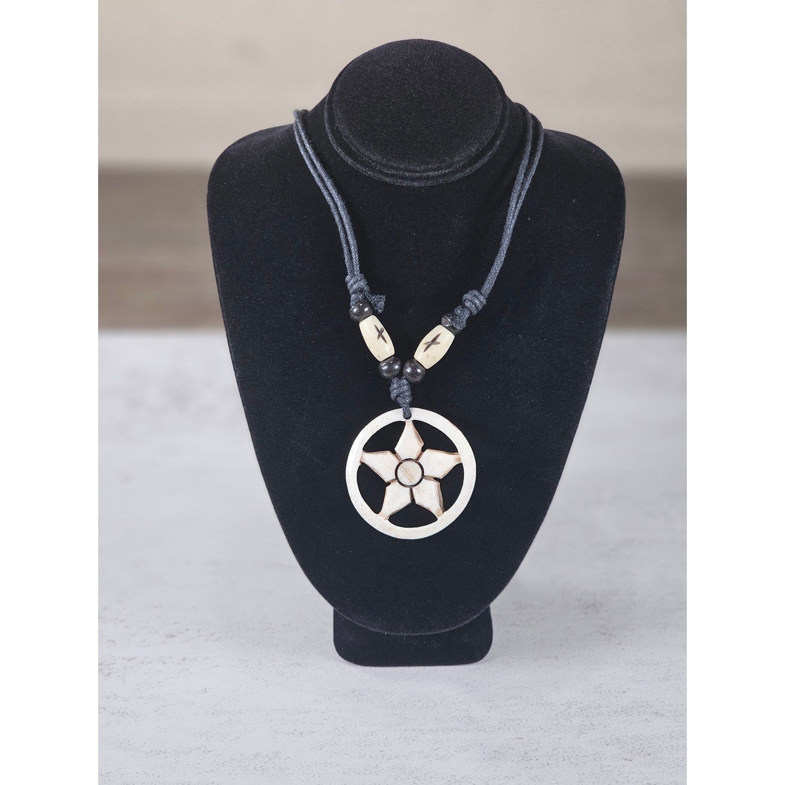 Vintage Carved Floral Pendant Necklace Black Cord Boho Statement
