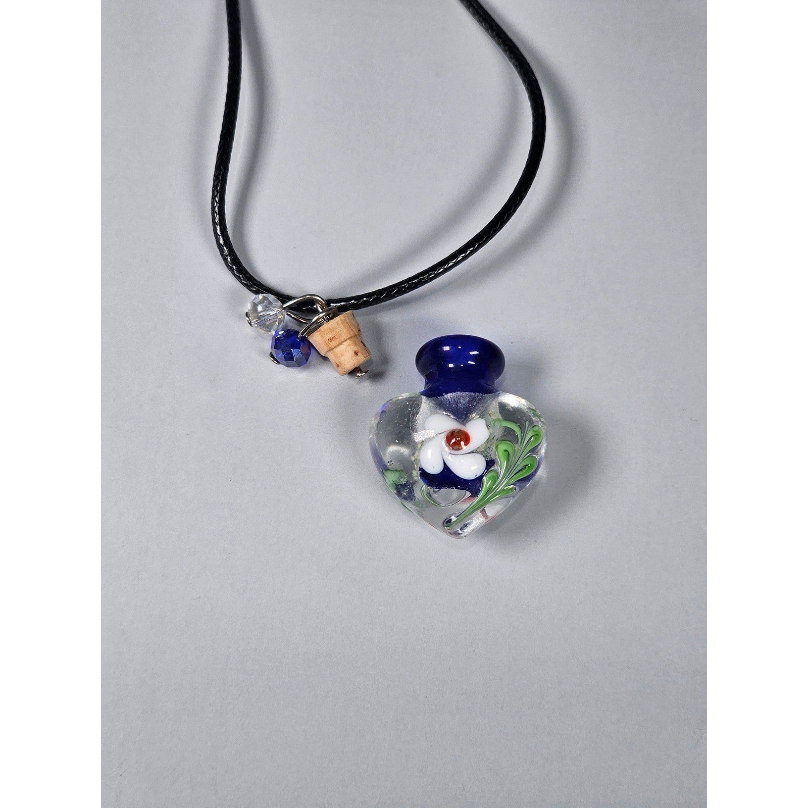 Vintage Glass Heart Bottle Pendant Necklace with Floral Design