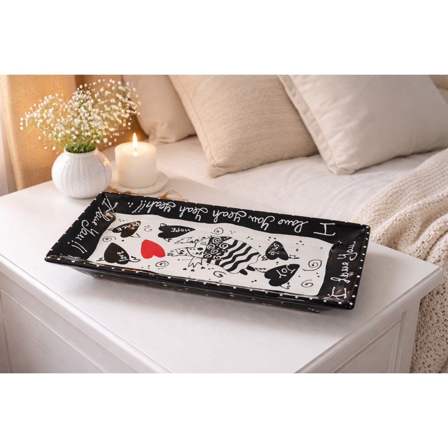 Vintage Heart Folk Art Tray – Red Black Whimsical Decorative Serving Tray