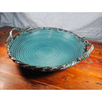 Vintage Teal Metal Tray with Handles | Distressed Round Serving Tray 16"
