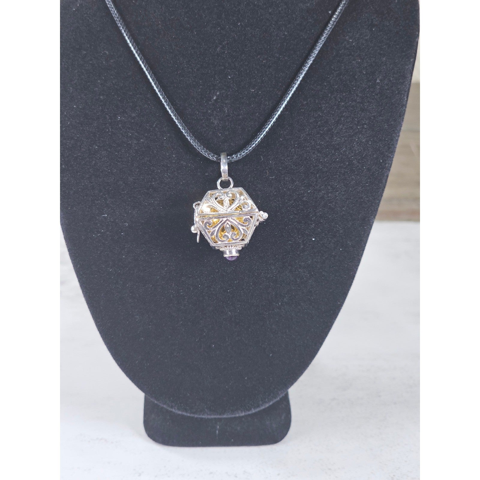 Vintage Harmony Ball Pendant Necklace Purple Stone Filigree