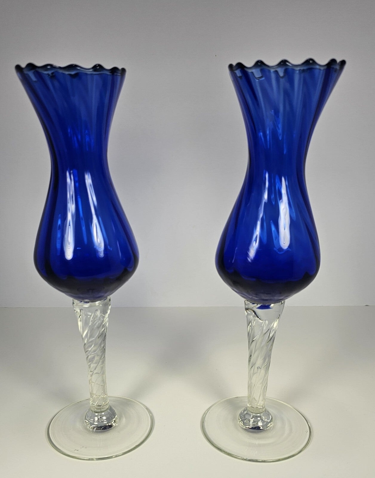 Set of 2 Tall Blue Optic Swirl Wine Goblets – Clear Stem Vintage Glassware 10″