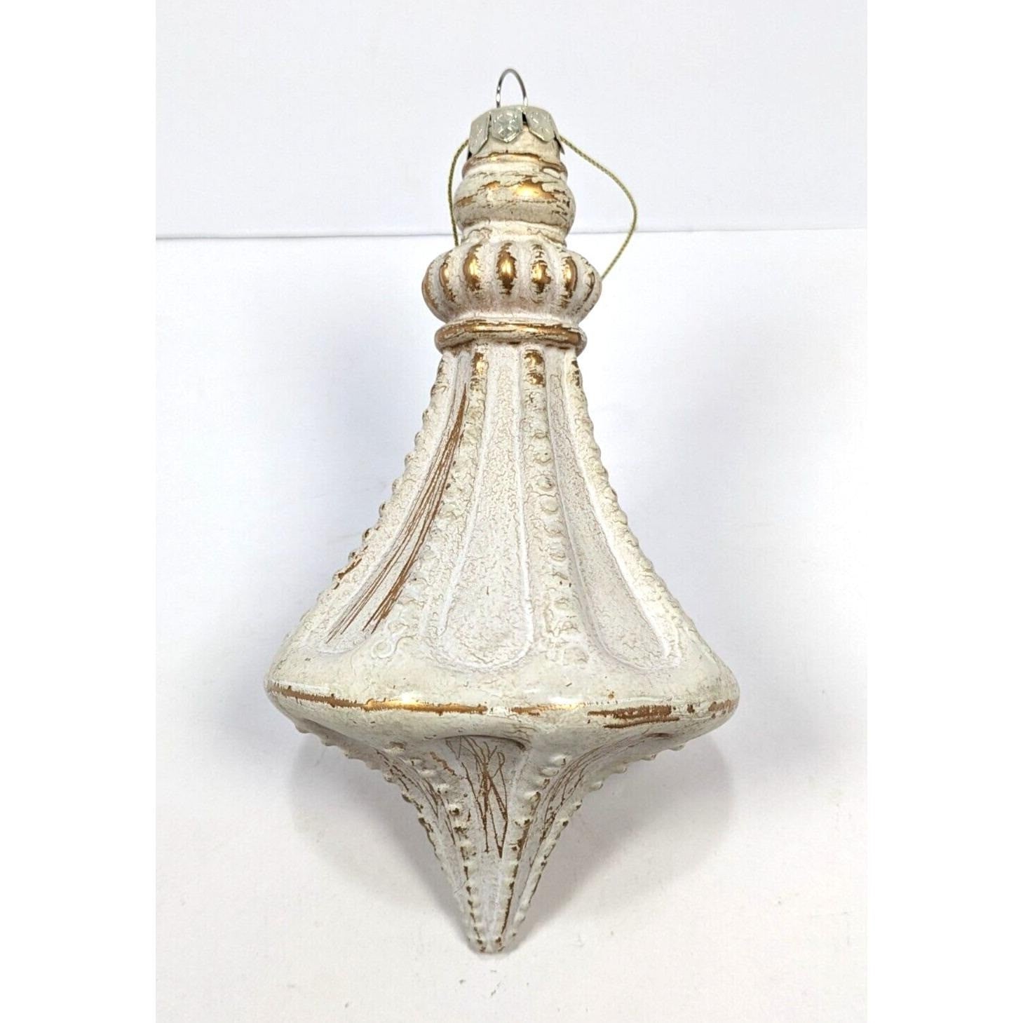Vintage Glass Ornament White Gold 6 Inch Antiqued Finish