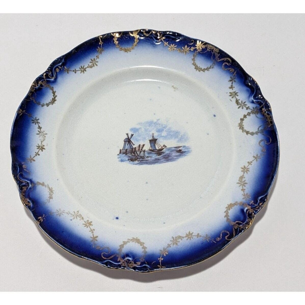 Vintage Windmill Boat Bread & Butter Plate Cobalt Blue Gold Trim