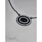 Vintage Black Oval Pendant Necklace with Rhinestone Halo on Gunmetal Chain