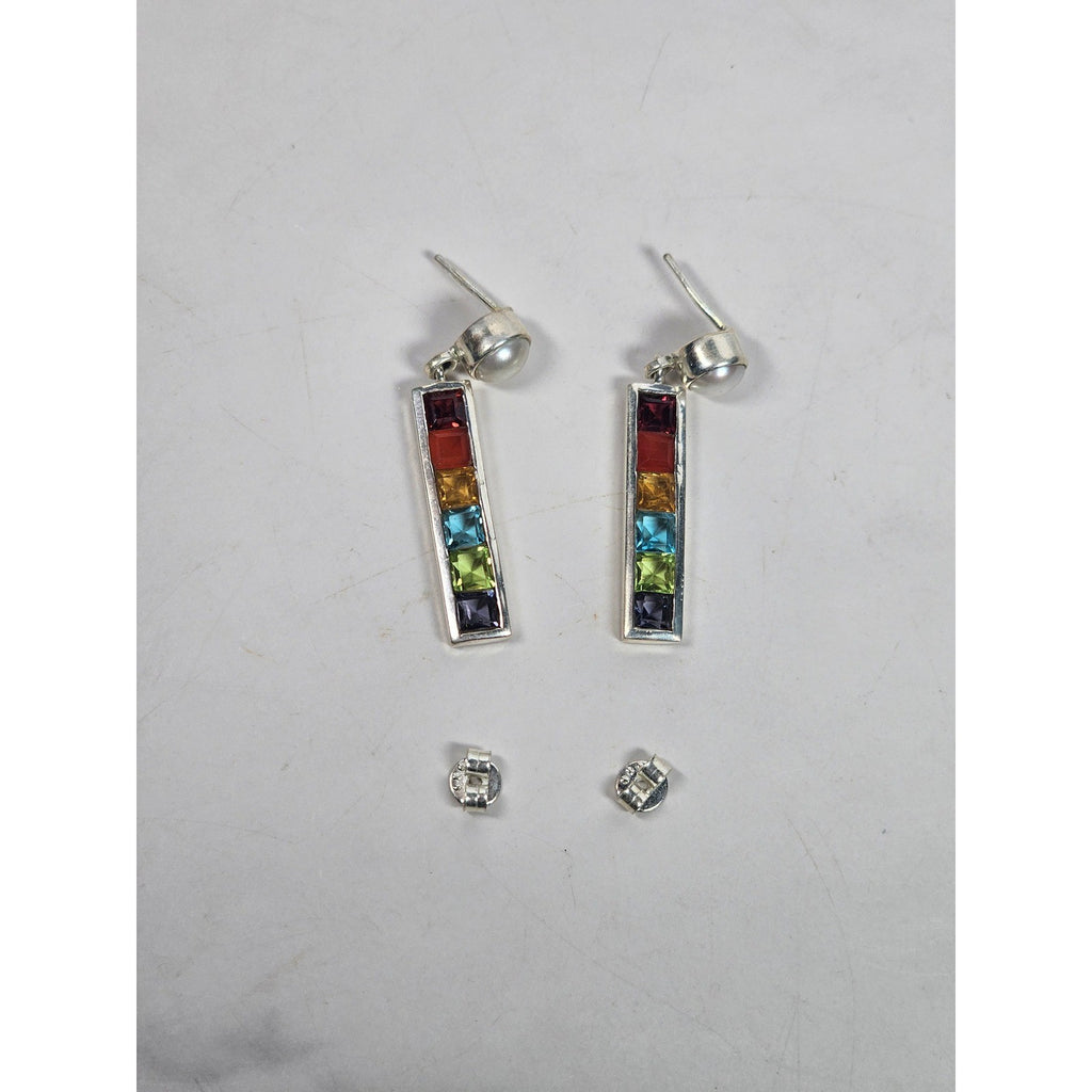 Vintage Rainbow Bar Drop Earrings with Pearl-Style Studs