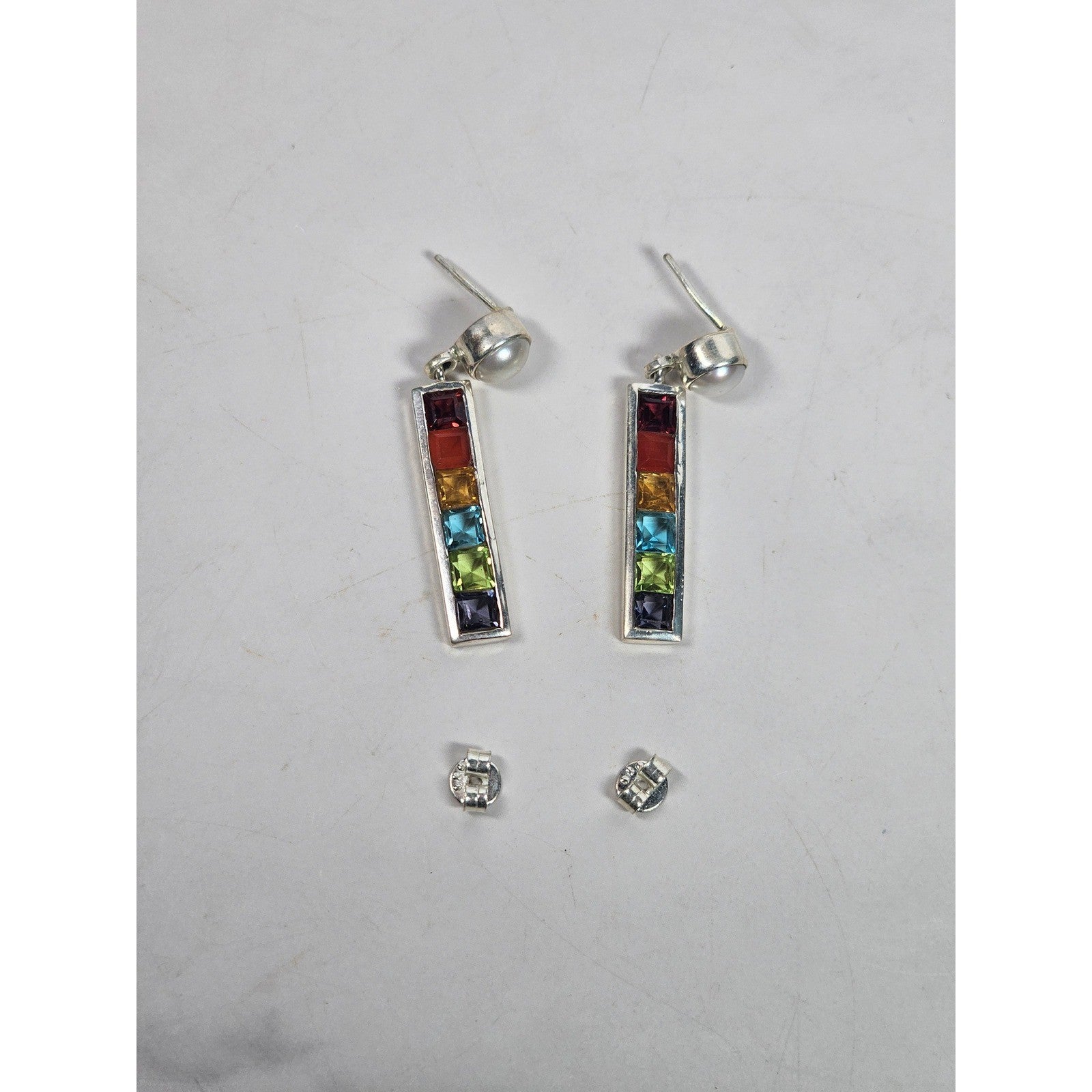 Vintage Rainbow Bar Drop Earrings with Pearl-Style Studs
