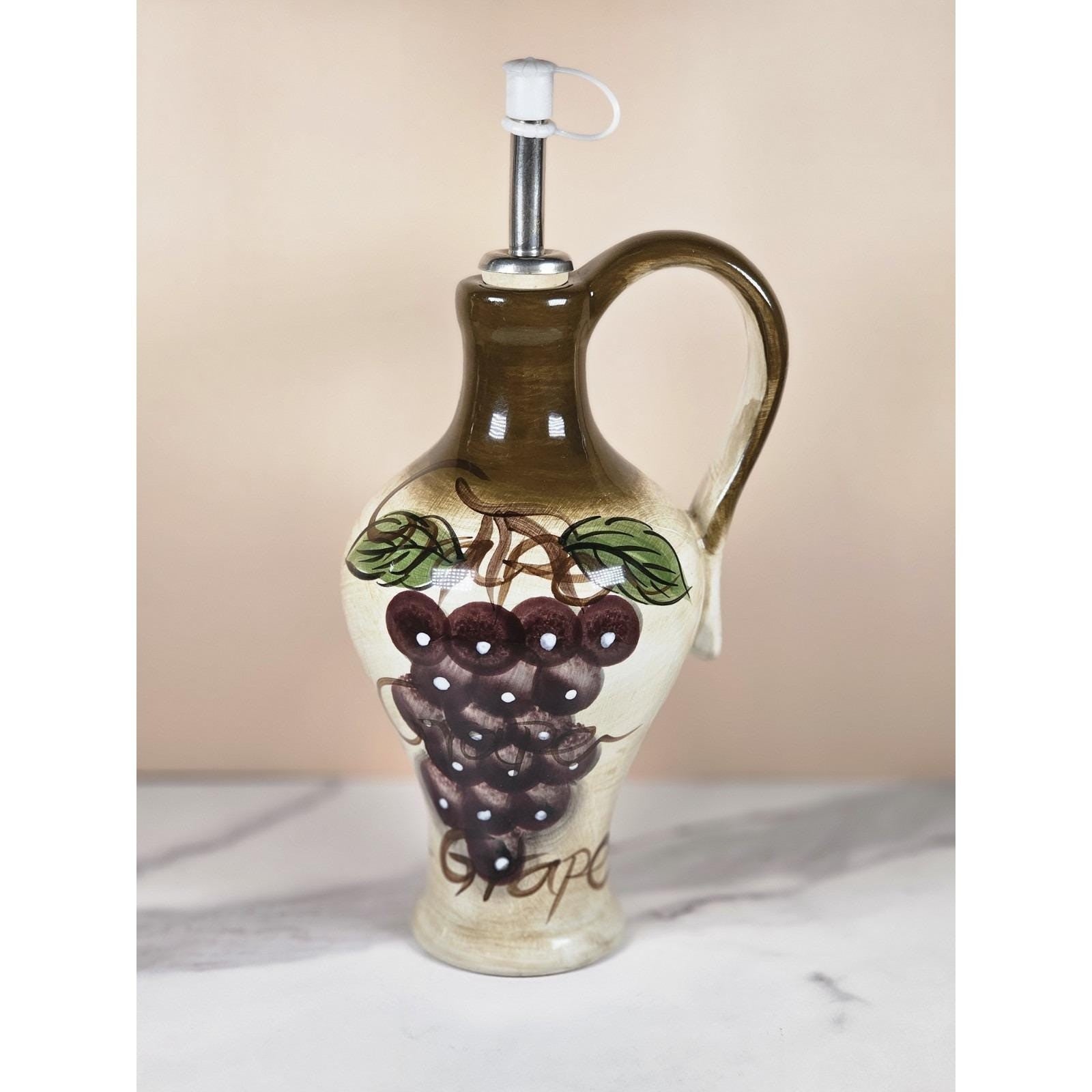 Vintage Rustic Orchard Plum Grape Oil Cruet Hand Painted Stoneware 9"